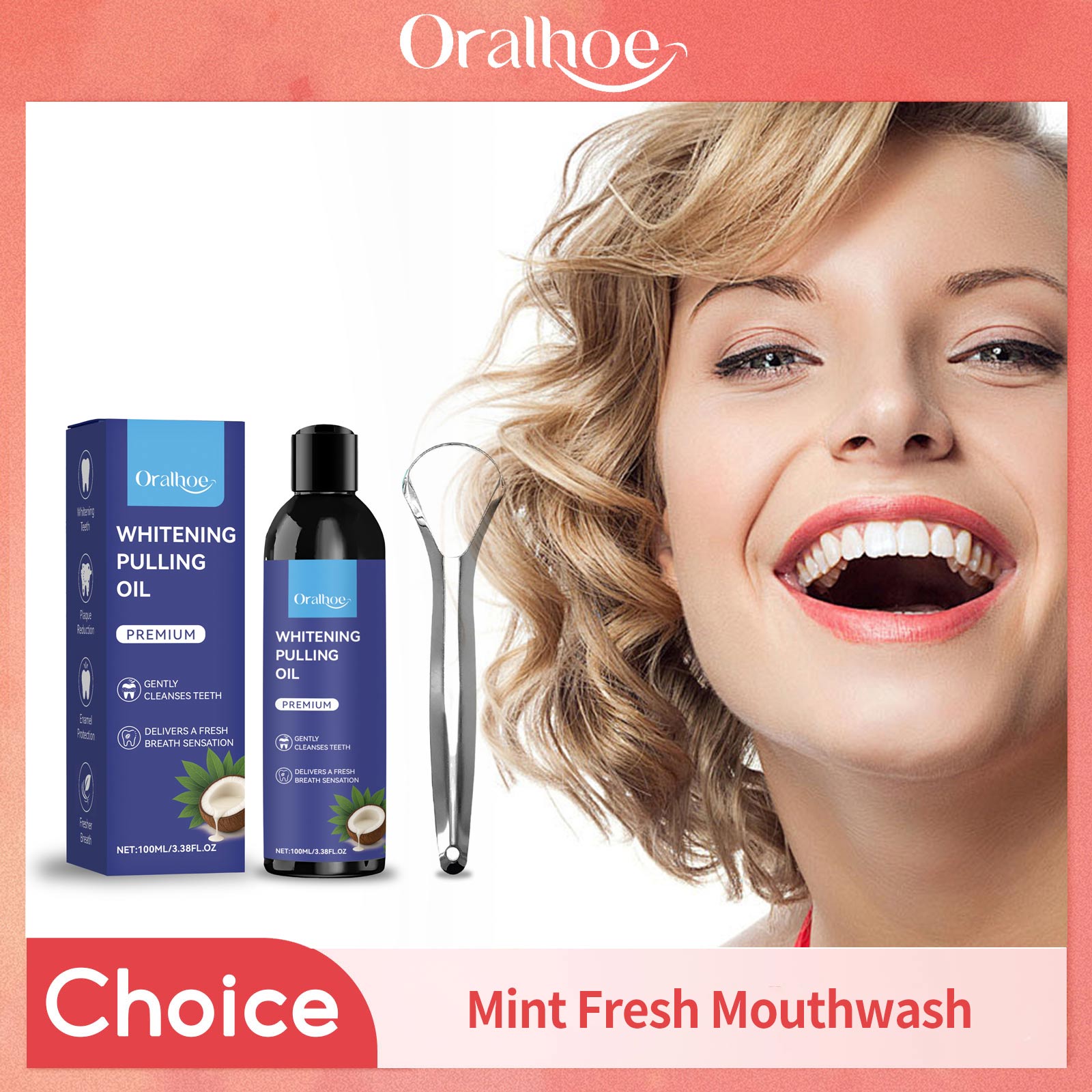 Teeth Whitening Oil Pulling - ココナッツプルオイル 舌クリーナー付き 歯のホワイトニング 口腔衛生 クレンジング フレッシュブレス