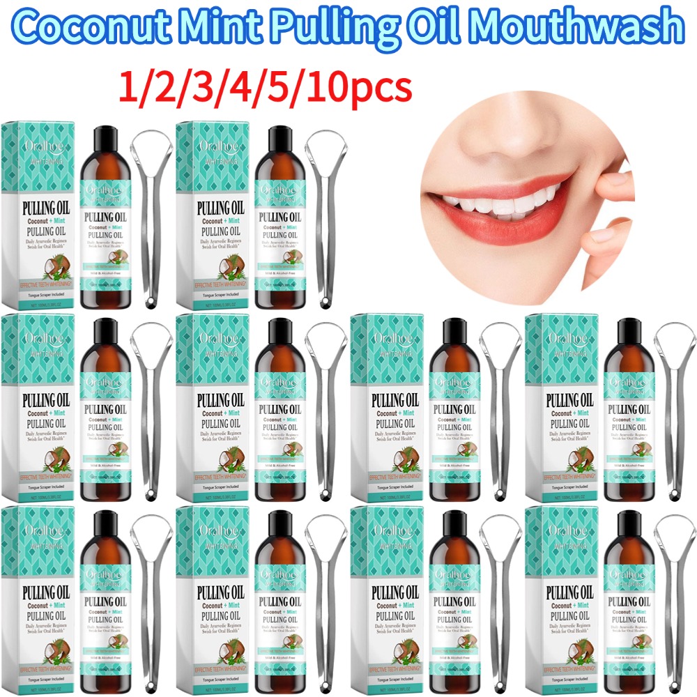 Teeth Whitening Oil Pulling - ココナッツミントプルオイルマウスウォッシュノンアルコール歯のホワイトニングフレッシュオーラルブレス舌スクレーパーマウスケア臭い除去