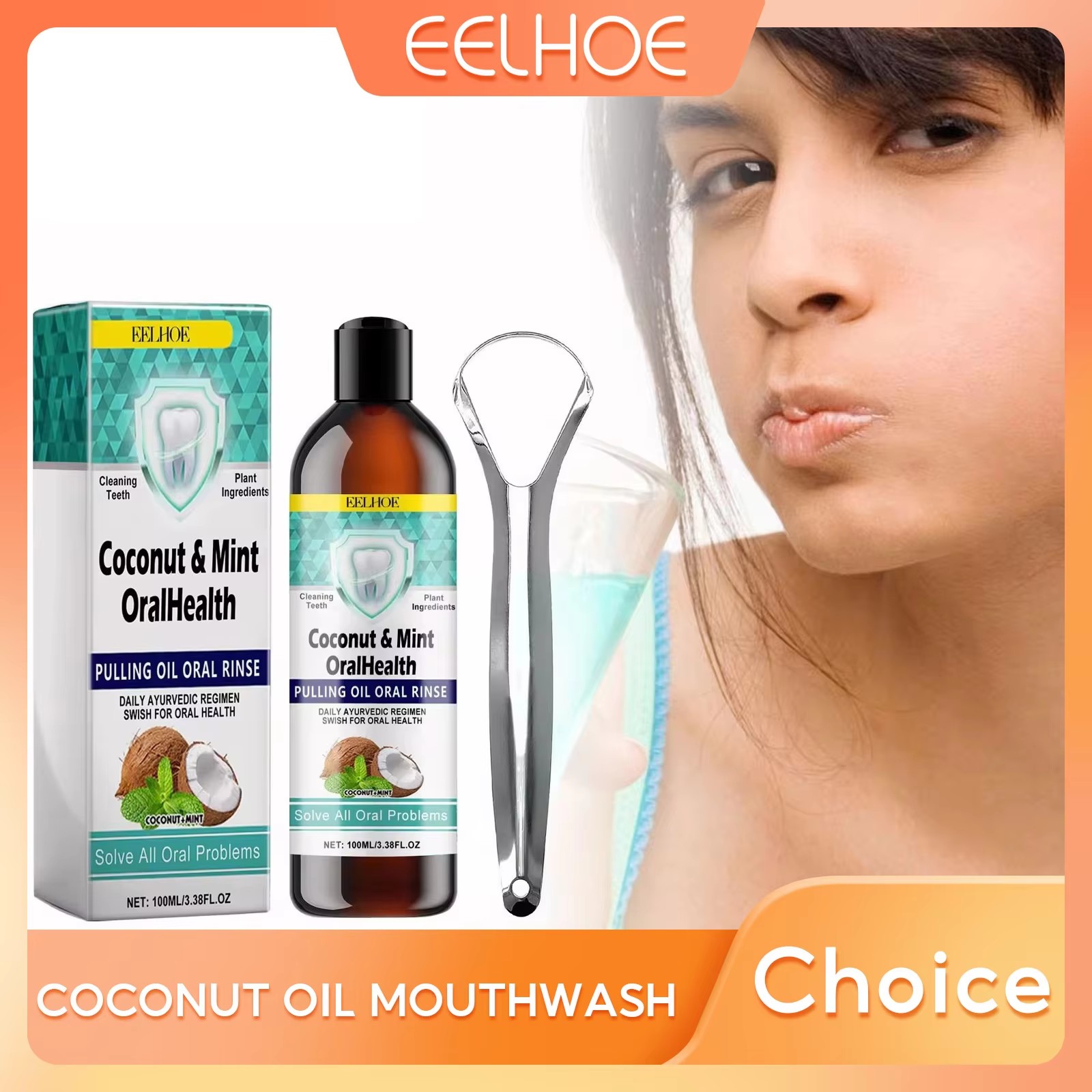 Teeth Whitening Oil Pulling - EELHOE ミントココナッツオイルプルうがい薬歯のクリーニング白い歯アルコールフリーのフレッシュブレスオーラルケア製品舌スクレーパー