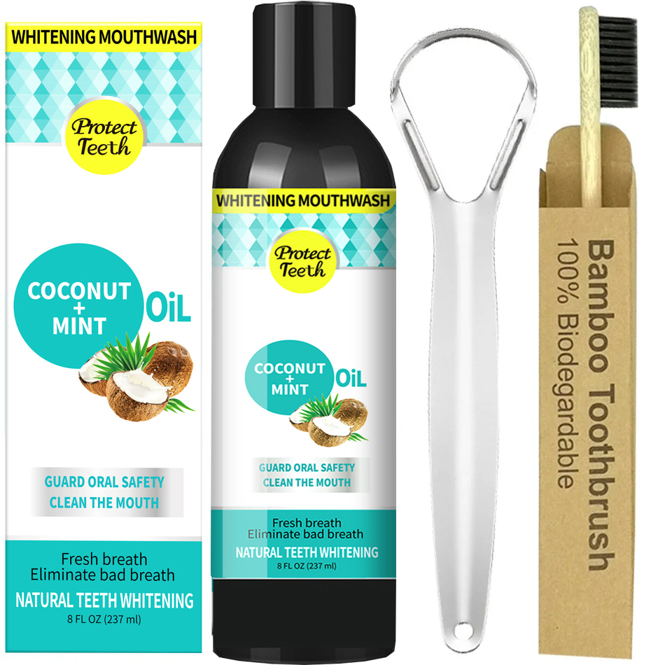 Teeth Whitening Oil Pulling - 237 ミリリットルココナッツミントプルオイルマウスウォッシュアルコールフリー歯ホワイトニング新鮮な口腔息舌スクレーパーセット口ヘルスケア