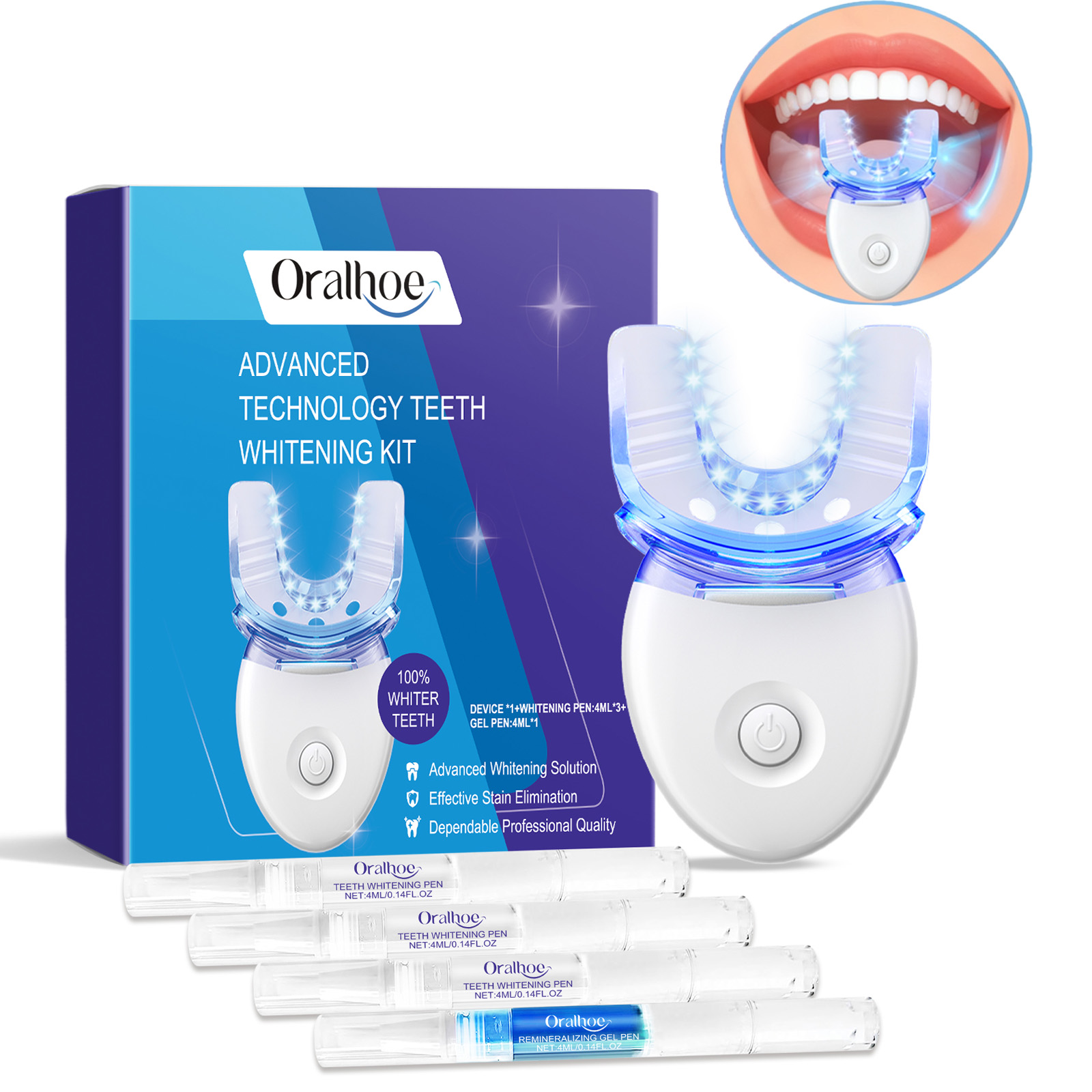 Teeth Whitening Gum - プロフェッショナルな歯のホワイトニングLEDライトキット、4倍のホワイトニングジェル、加速ホワイトニングシステム、白い笑顔のためのブルーライトツール